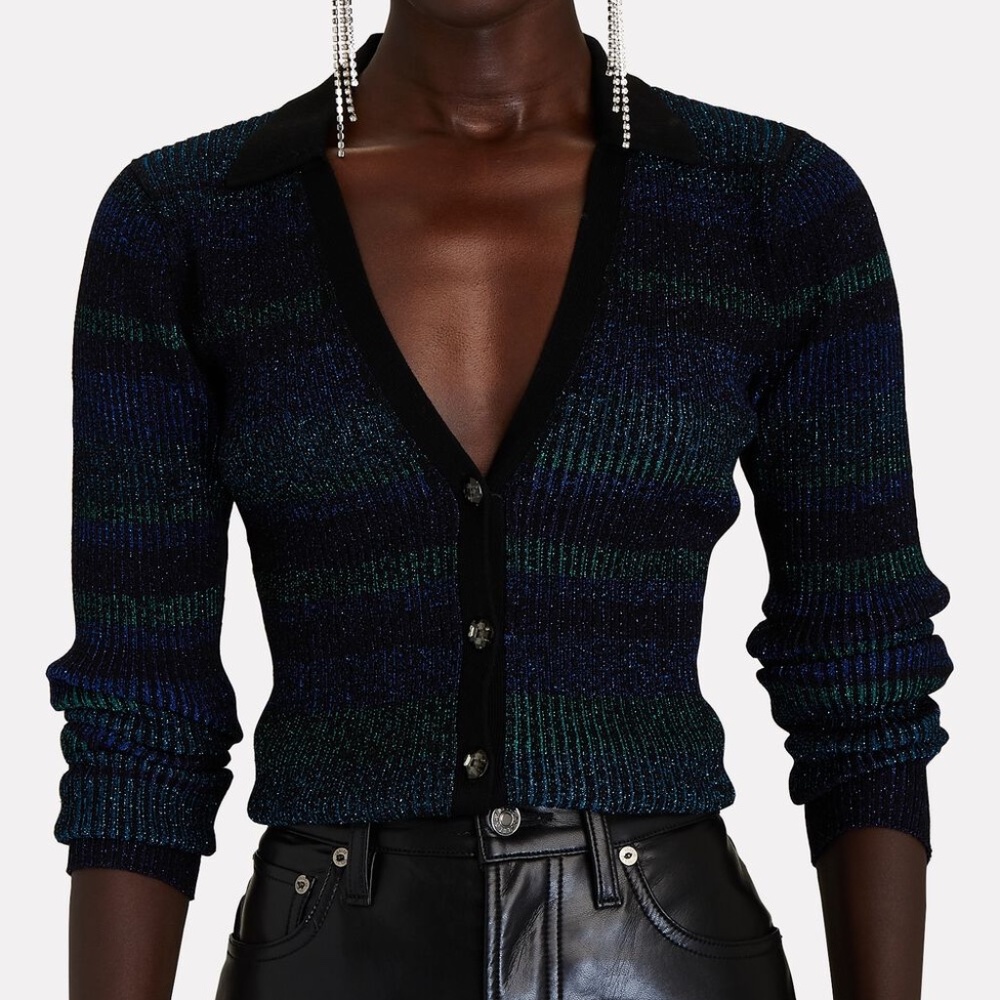 INTERMIX “Sienna” NWTs Striped Cardigan Buttons Collar Black Blue Green …